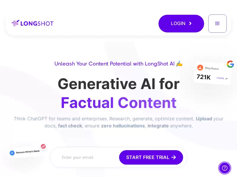 LongShot AI : 使用可靠数据源和全面事实核实的生成性人工智能，为您的机构或企业创建准确和可靠的内容。