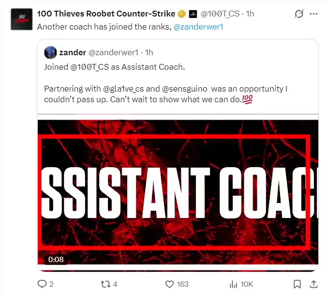 gla1ve再添强援!100 Thieves官宣前FUT助教zander加盟,剑指罗马帝国杯 gla1ve再添强援!100 Thieves官宣前FUT助教zander加盟,剑指罗马帝国杯