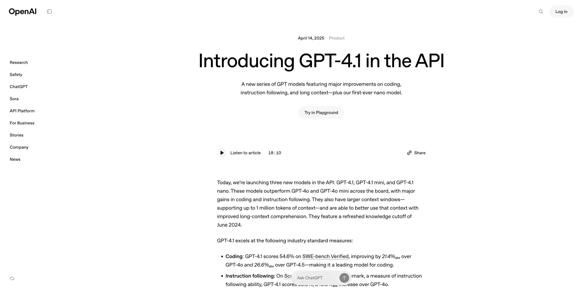 GPT-4.1 ： OpenAI 推出的新一代语言模型