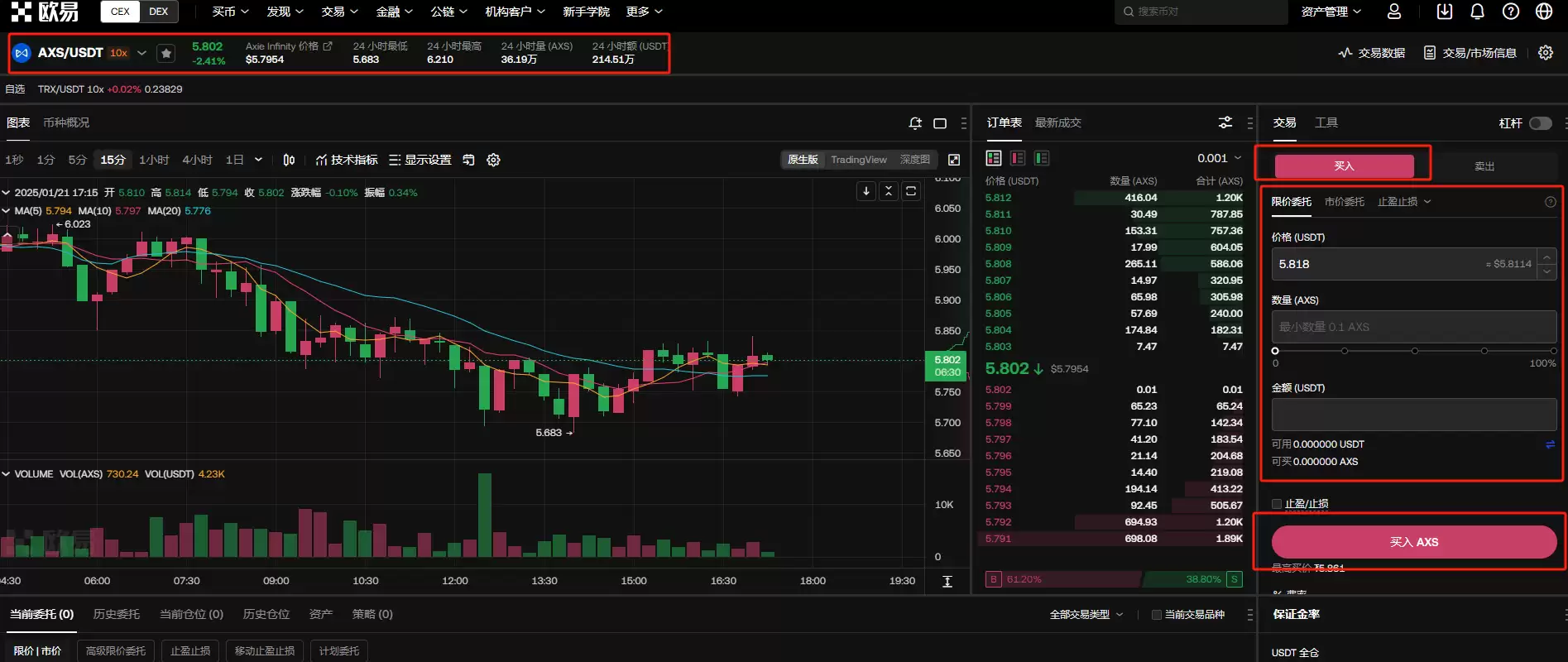 Web端现货交易下单界面