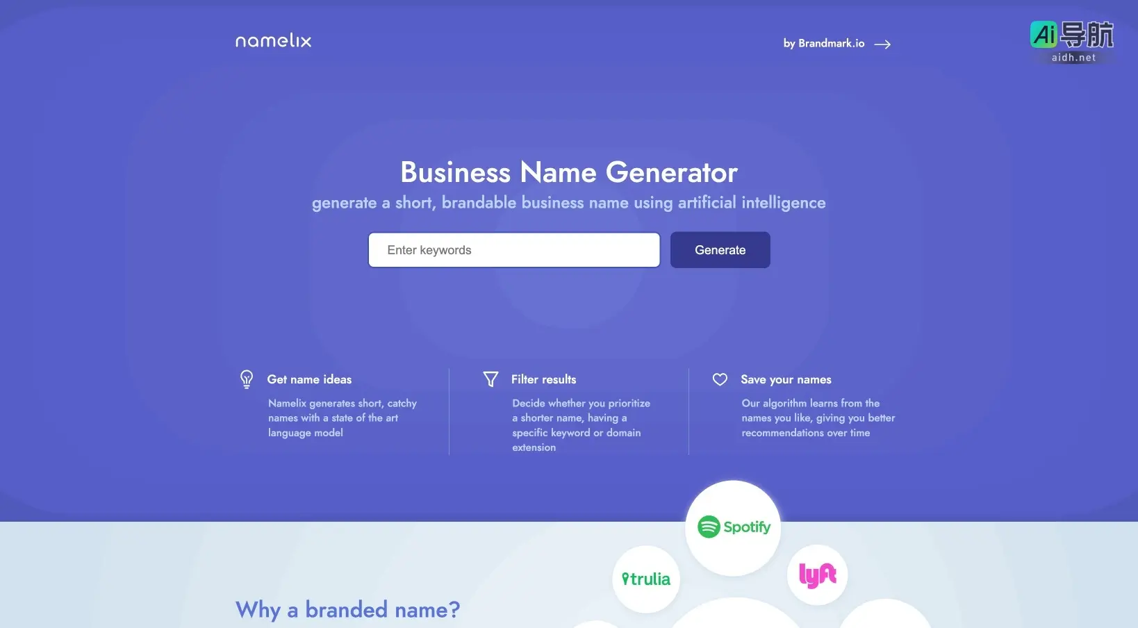 Business Name Generator Namelix利用人工智能生成短小且易记的品牌名称，助力新兴企业树立独特形象