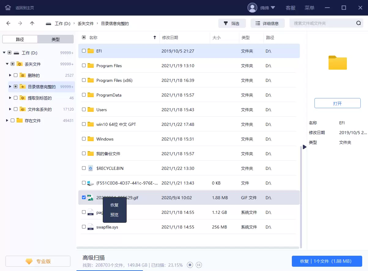 扫描结果界面示意图，展示文件预览与筛选功能