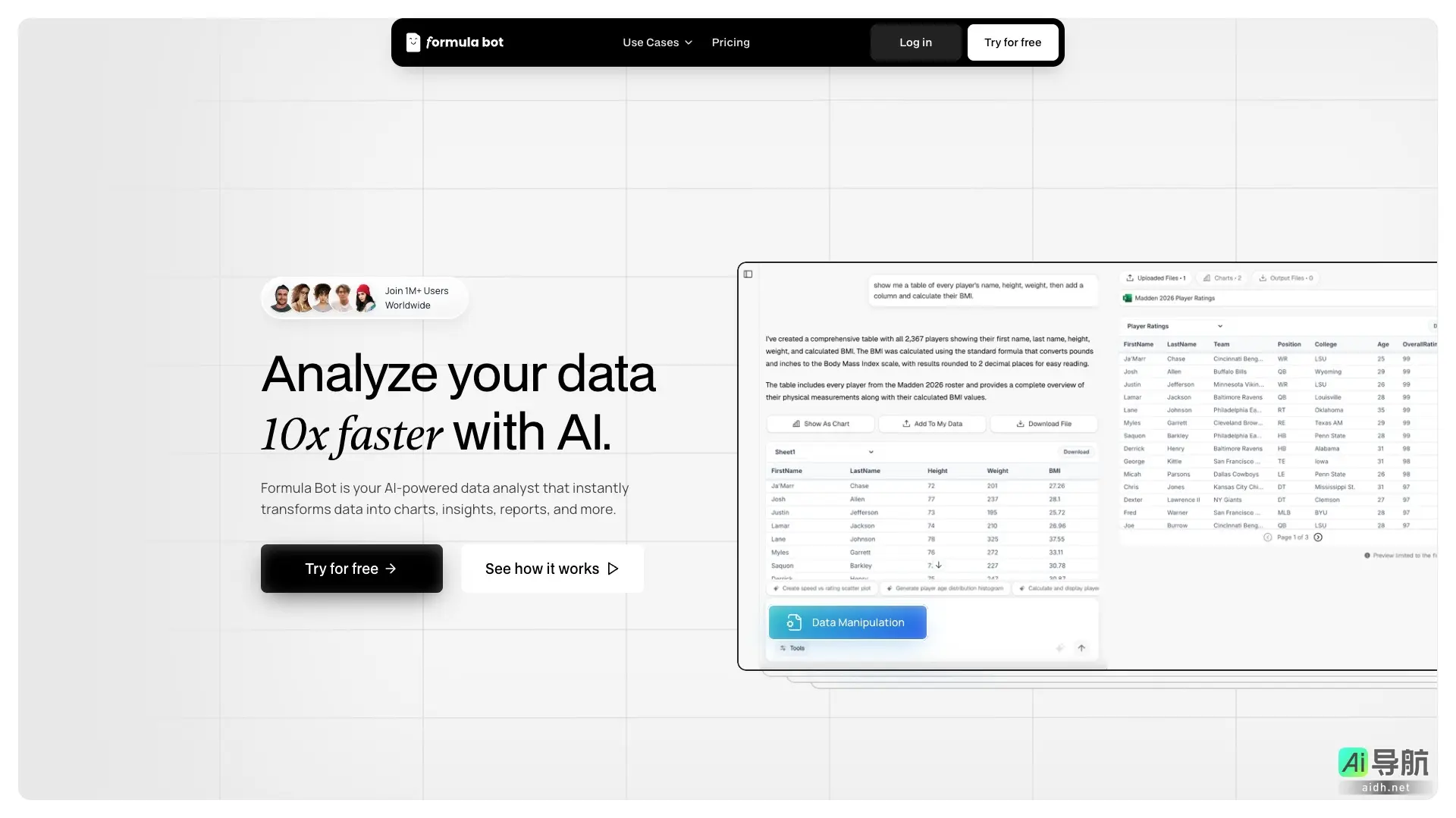 Formula Bot 是一个AI驱动的数据分析平台，快速转换数据为可视化和洞察，提升分析效率