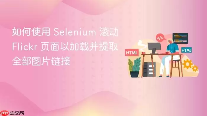 如何使用 Selenium 滚动 Flickr 页面以加载并提取全部图片链接