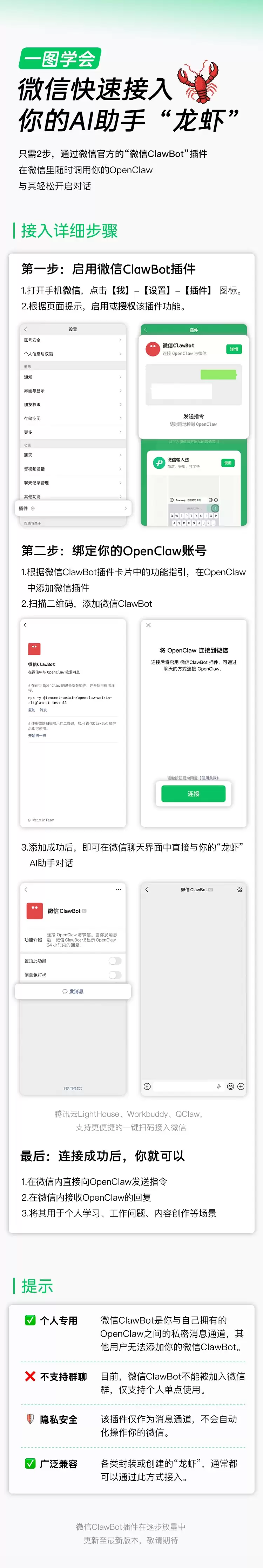 腾讯发布微信“龙虾”插件 ClawBot 官方使用教程：打通聊天界面与 OpenClaw 操作，QClaw、WorkBuddy、Lighthouse 同步开放连接