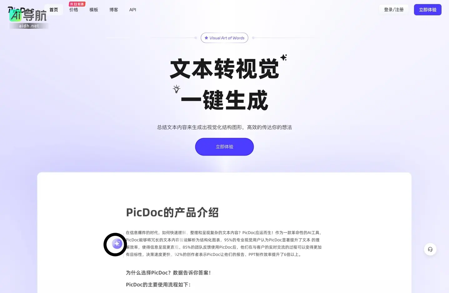 PicDoc 通过AI技术将文本快速转化为多样化的视觉图表，提升信息传达效率