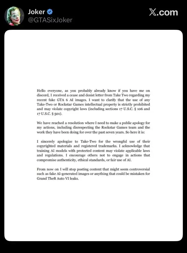 律师函警告！用户因伪造《GTA6》截图被Take-Two起诉