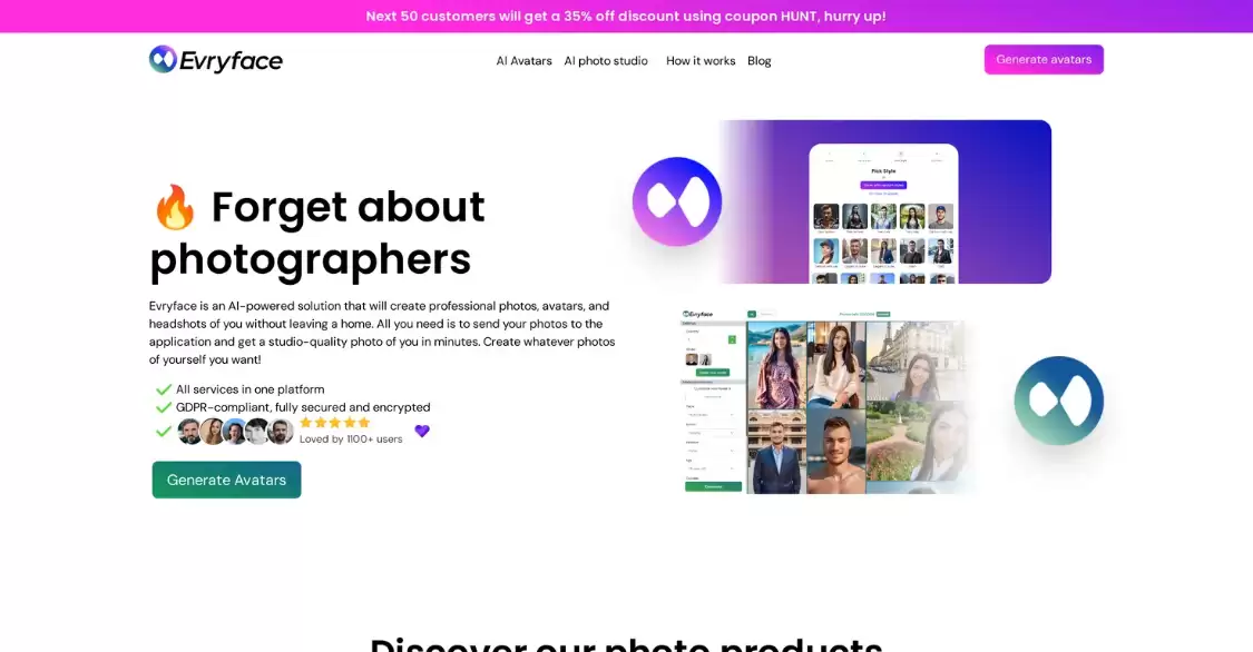 Evryface：AI照片和虚拟形象生成平台，提供各种照片生成服务，包括专业照片、头像