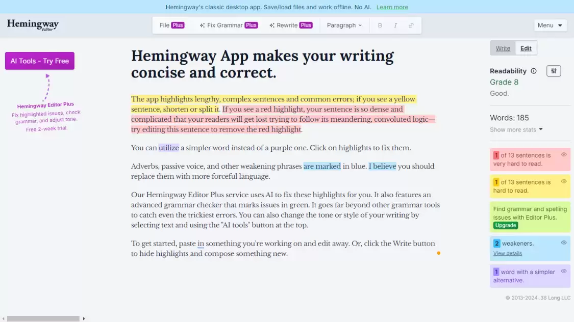 Hemingway Editor：AI辅助写作工具，一款免费ai英文写作校对软件