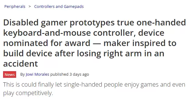 单手玩家打造单手游戏控制器引热议 键盘鼠标摇杆功能全融合