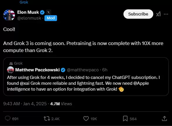 马斯克称 Grok 3 即将推出：已完成预训练，计算量比 Grok 2 高十倍