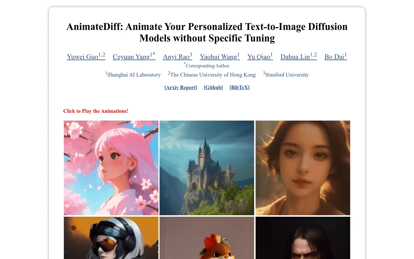 AnimateDiff : AnimateDiff: 个性化文本到图像扩散模型的动画化，无需特定调整