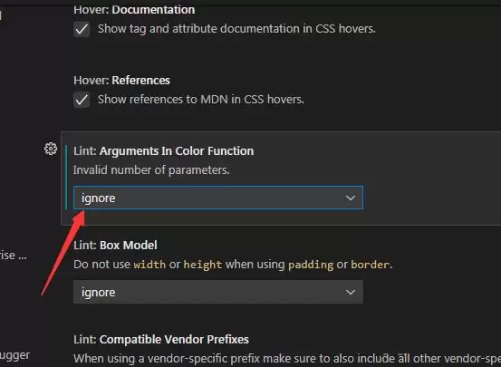VSCode颜色函数中的lint参数同意在哪里设置