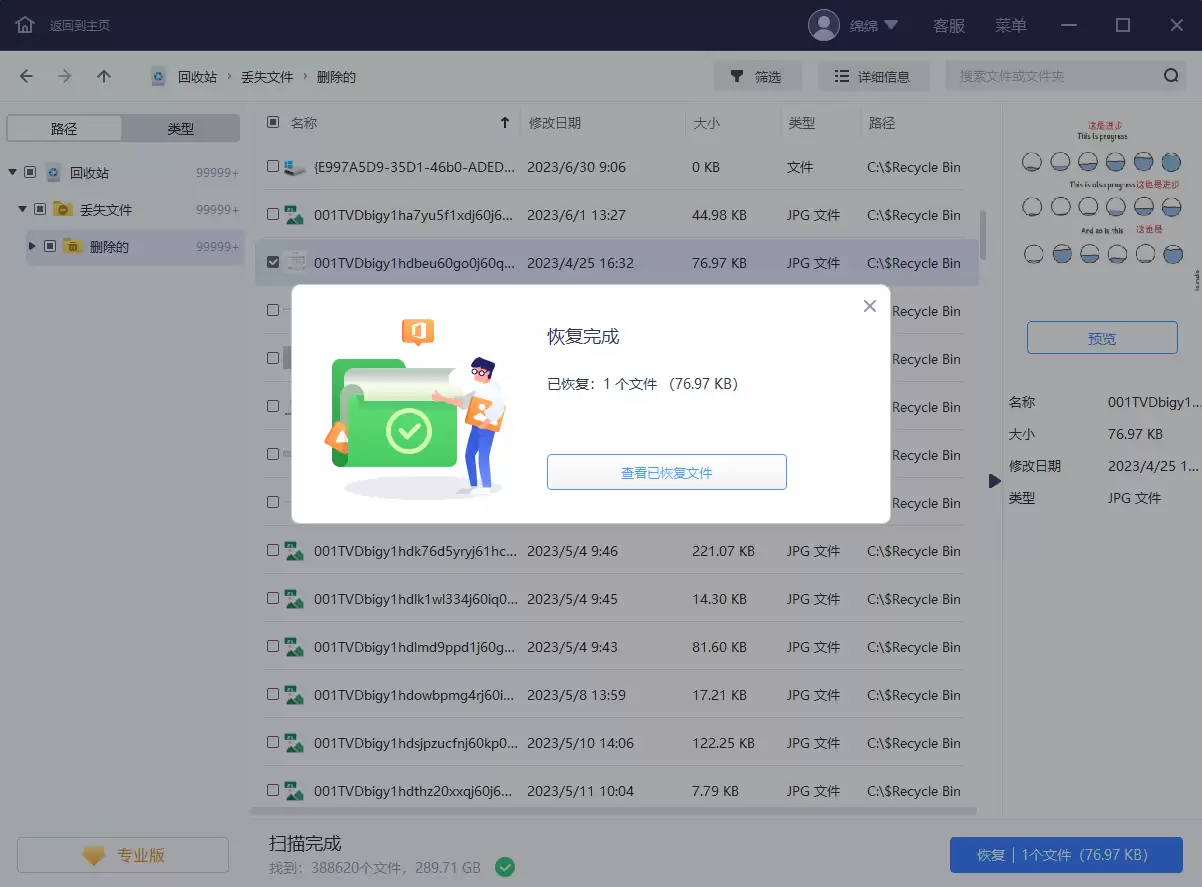 选择文件并执行恢复操作界面示意图