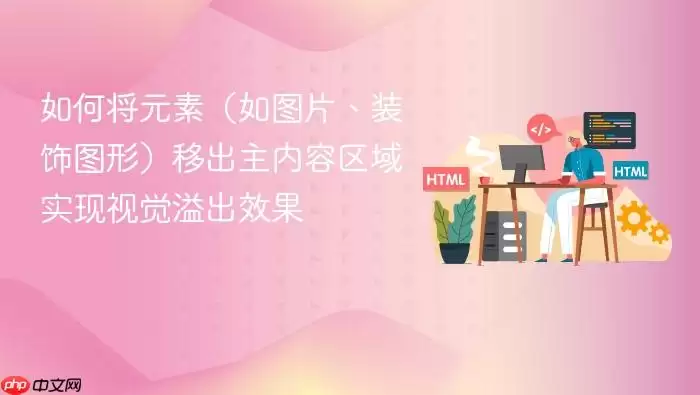 如何将元素（如图片、装饰图形）移出主内容区域实现视觉溢出效果