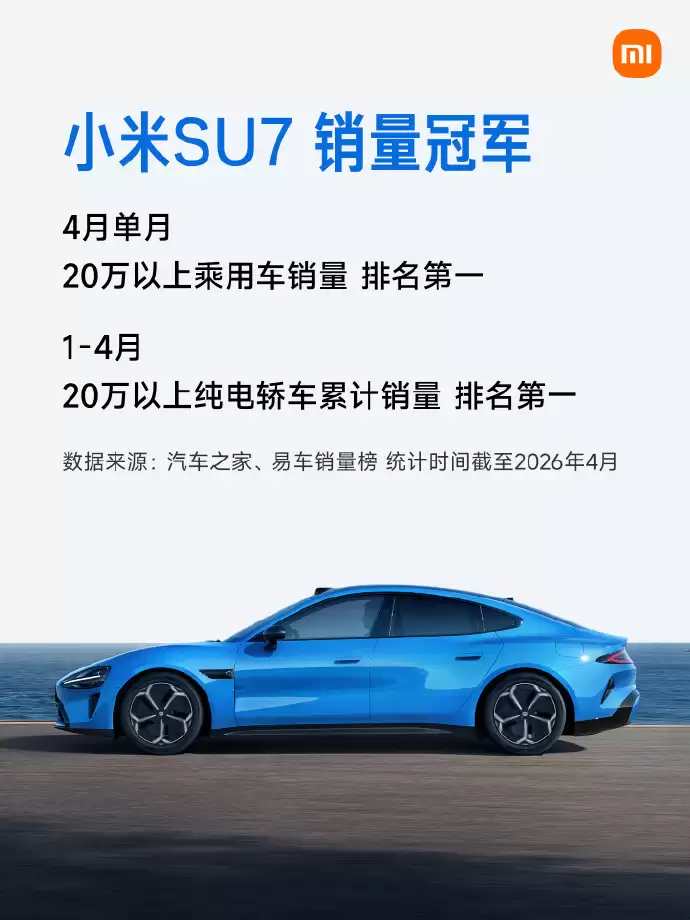 小米汽车宣布：YU7拿下1-4月全国SUV销量第一