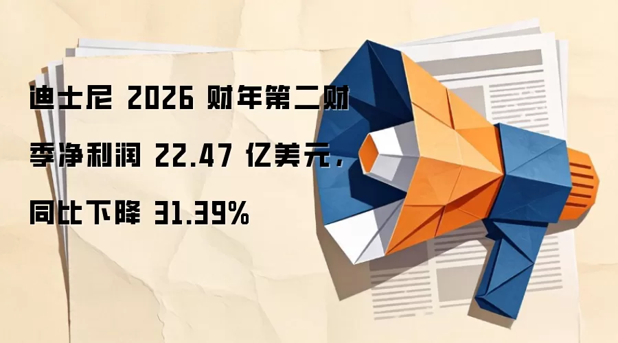 迪士尼 2026 财年第二财季净利润 22.47 亿美元，同比下降 31.39%