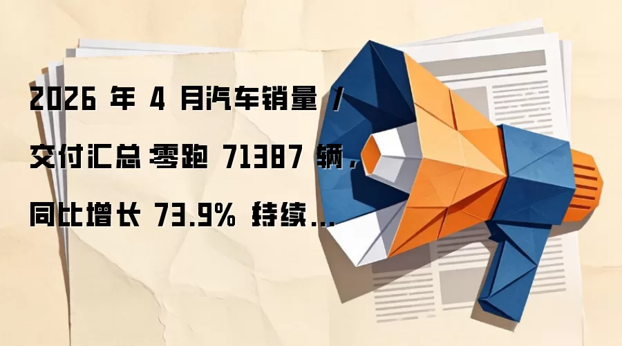 2026年4月汽车销量/交付汇总：零跑71387辆，同比增长73.9%（持续更新）