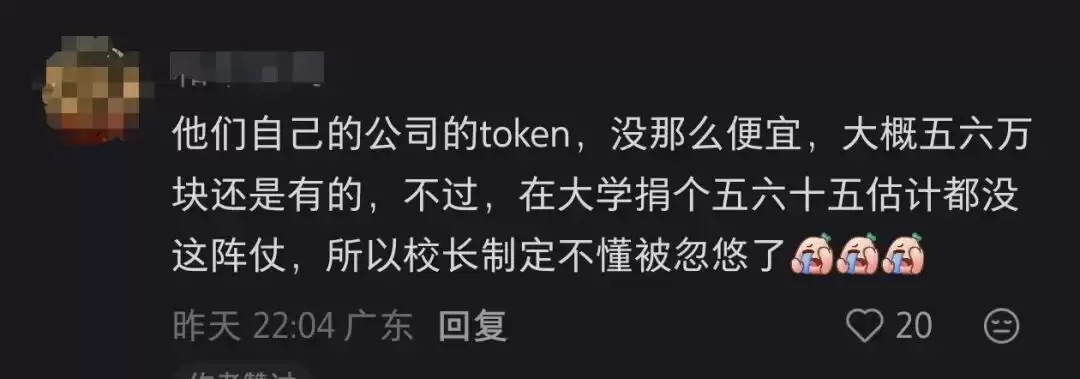 三位00后向泡泡玛特王宁母校捐赠20亿Token 网友质疑：可能就值几百元
