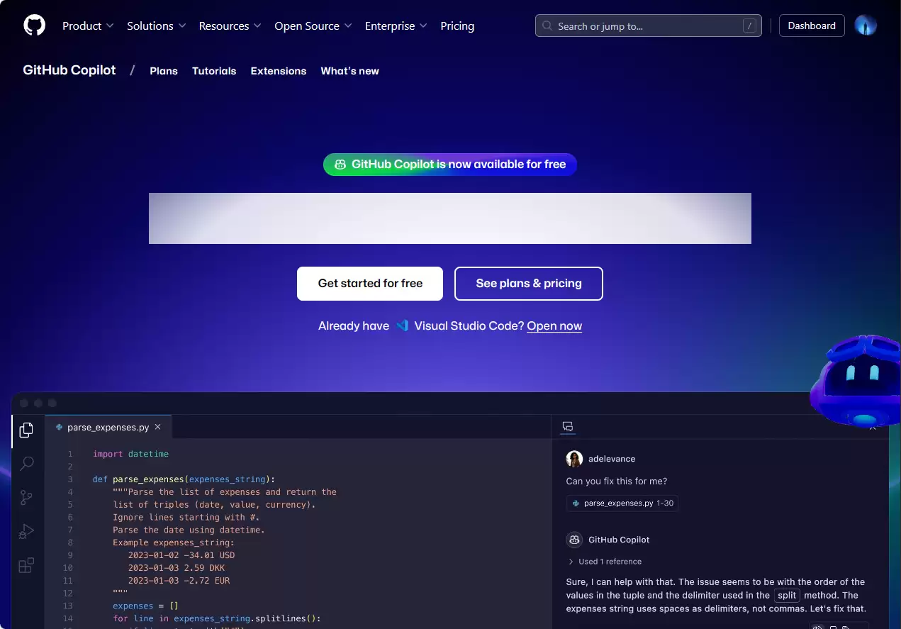Copilot-GitHub 和 OpenAI 的合作开发的一款利用人工智能进行高效写代码的编程助手