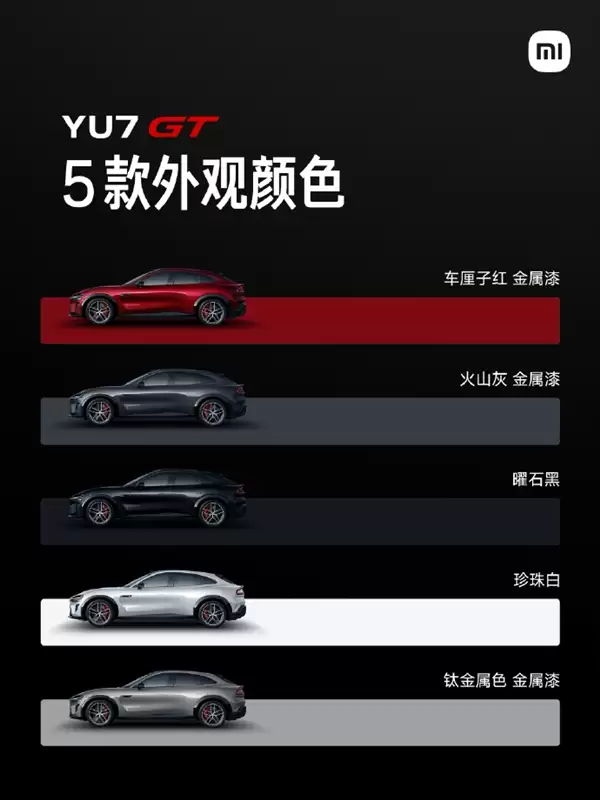 千匹性能怪兽！小米YU7 GT五款配色曝光：你会选哪款