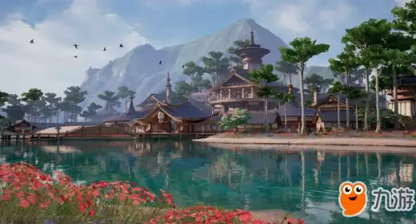 沧海门派场景图,展示海岛全景与圆顶建筑
