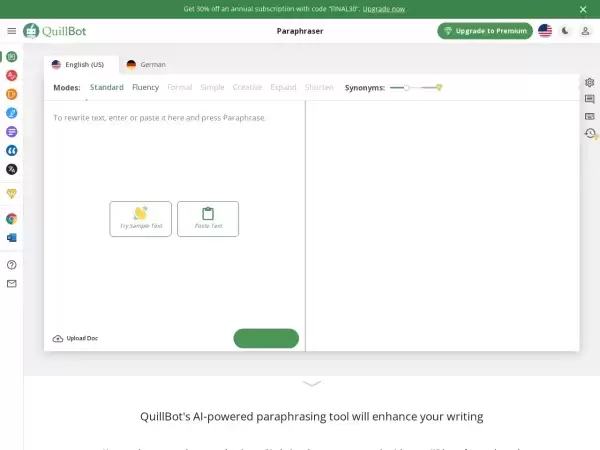 QuillBot-人工智能驱动的英语和德语写作润色修改工具