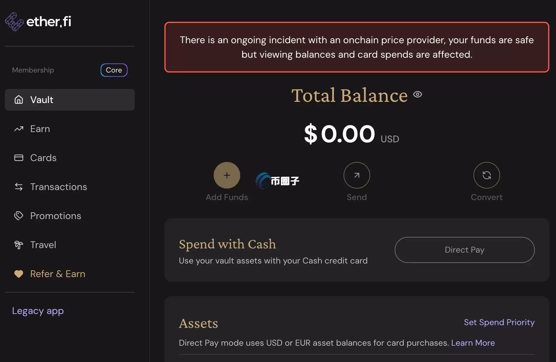 EtherFi Cash界面出现红色故障警示横幅