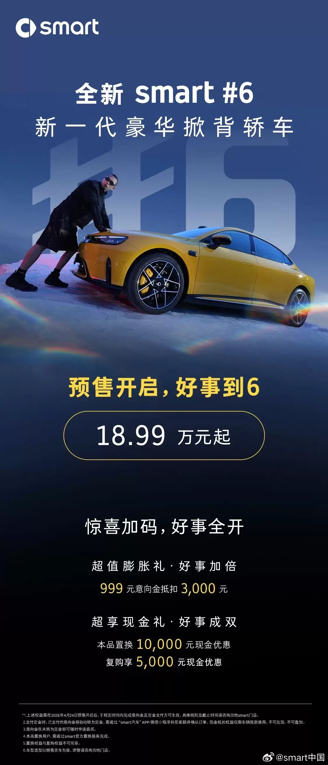 smart史上最大车型:全新smart精灵6号掀背插混轿车开启预售,18.99万元起