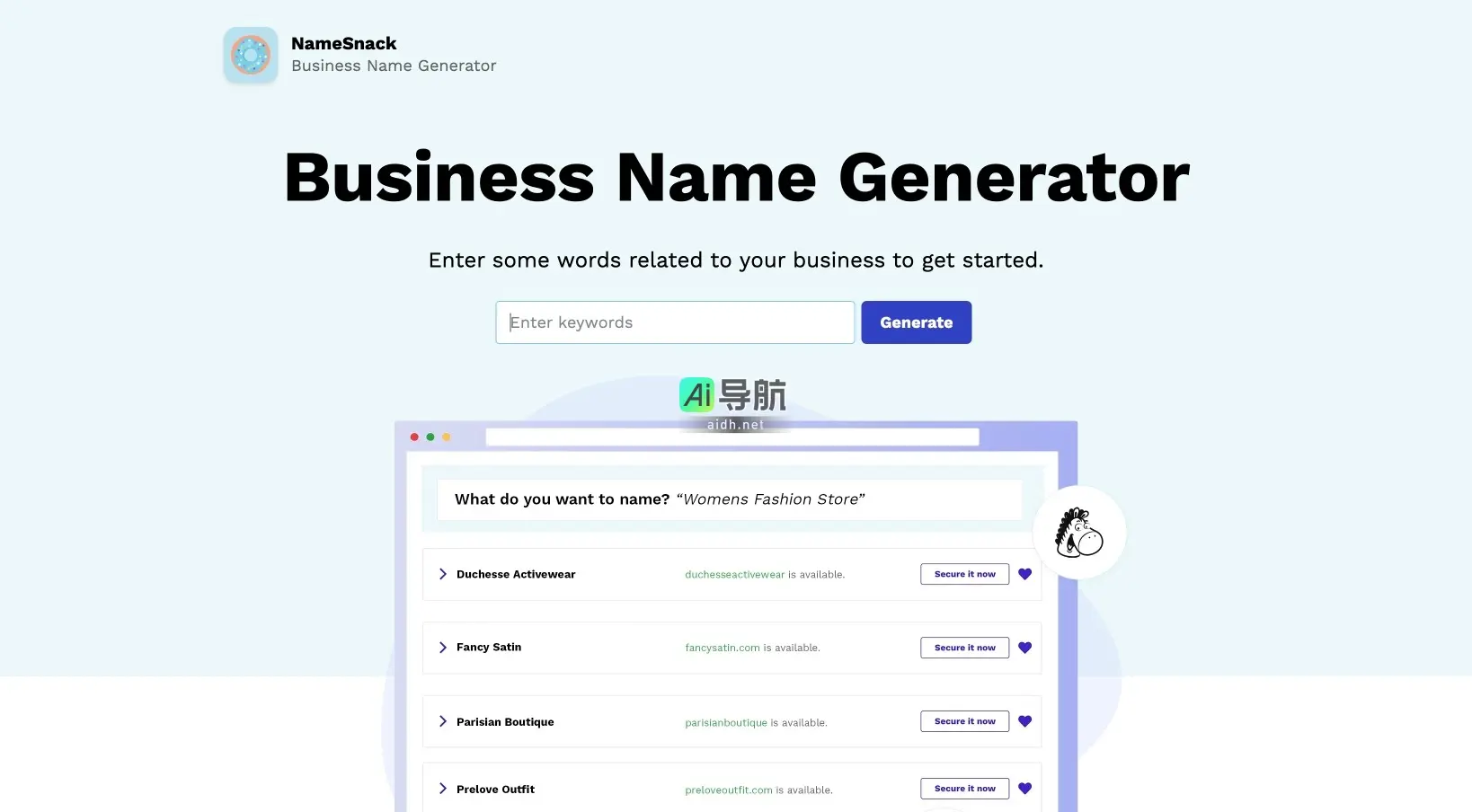 NameSnack 是一个免费的商业名称生成器，利用机器学习帮助用户快速发现独特品牌名称