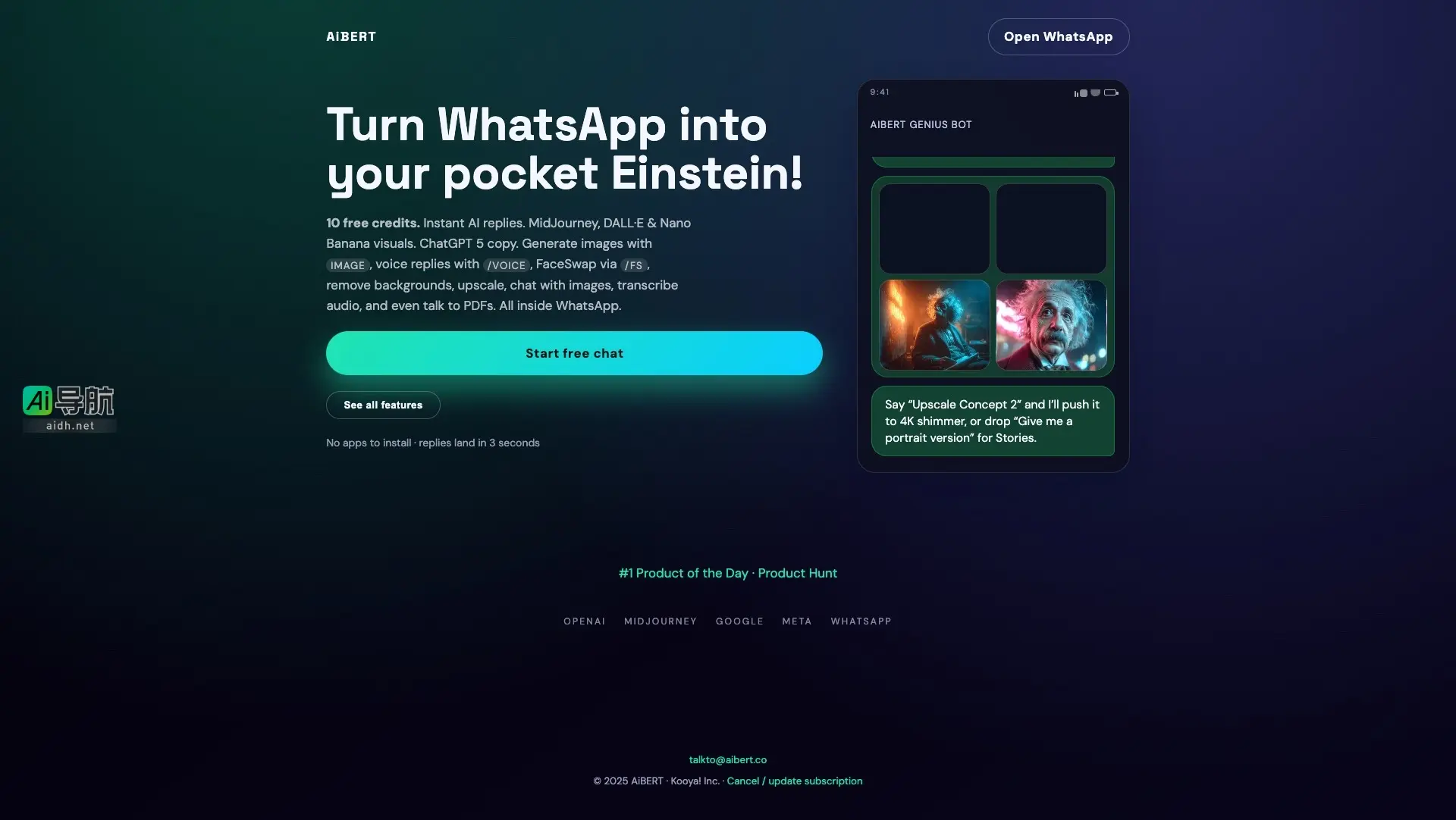 AiBERT 通过WhatsApp提供即时AI回复与多种视觉生成服务，简化沟通与创作