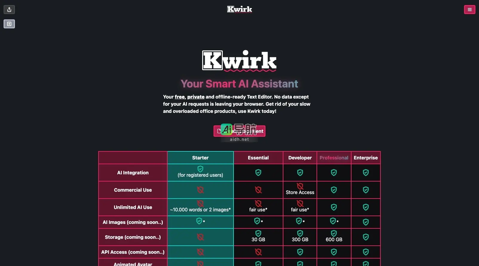 Kwirk 是一个智能AI助手，提供安全、离线的文本编辑器，保护用户隐私
