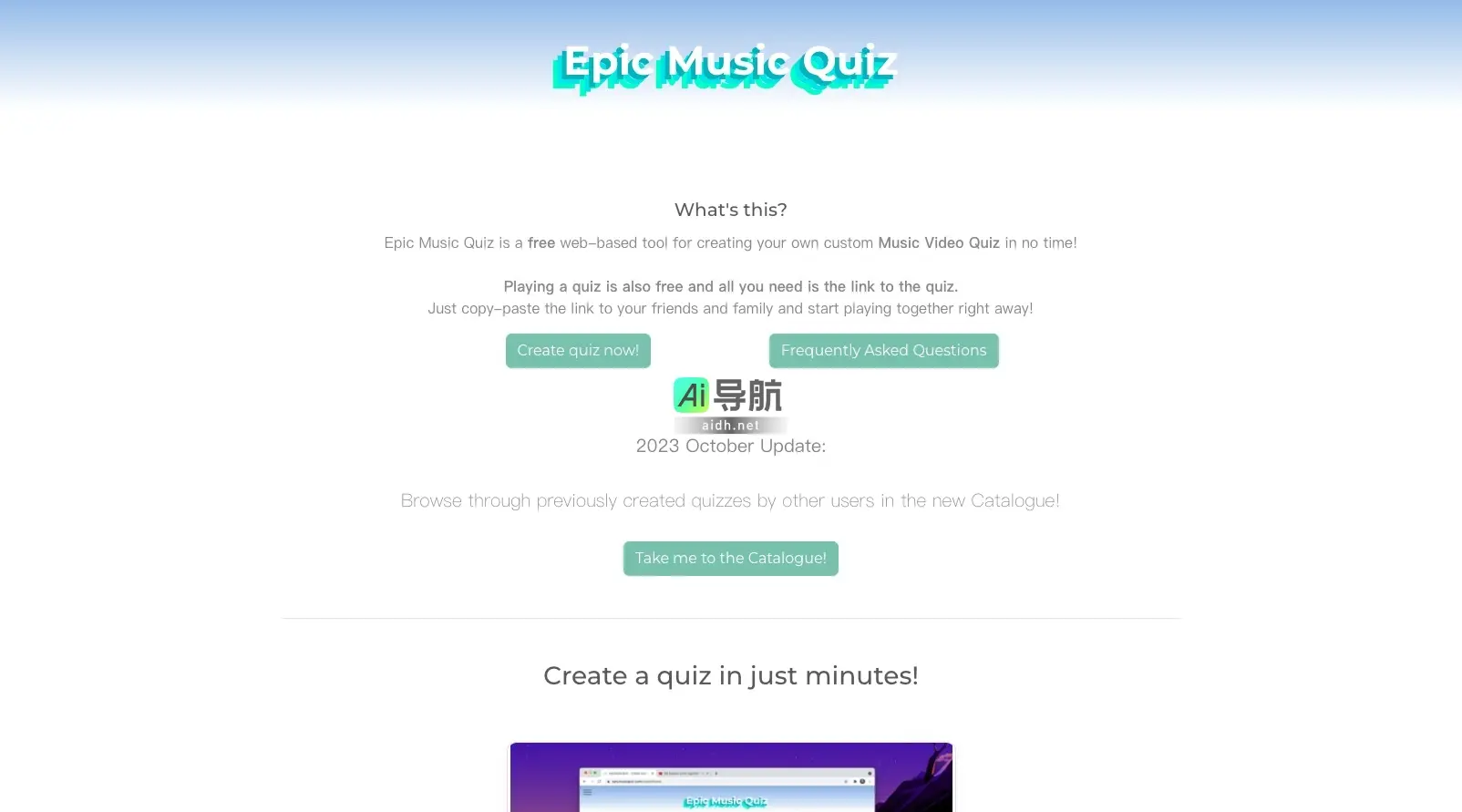 EpicMusicQuiz Epic Music Quiz是一个免费平台，让用户快速创建和分享音乐视频测验，增添聚会乐趣