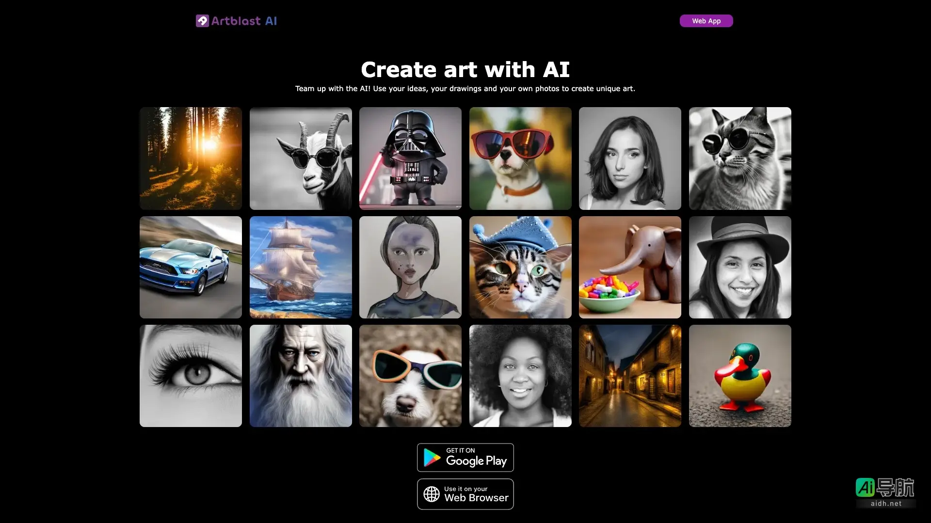 ArtBlast AI 是一个创意平台，通过 AI 技术将用户的想法和图像转化为独特艺术作品