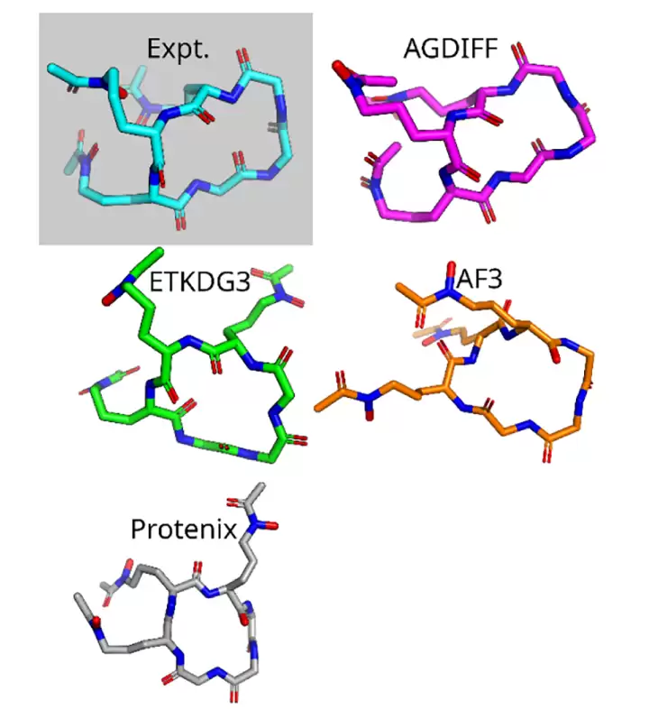 在含非天然氨基酸环肽 4B8Y 上，AGDIFF 相比 ETKDG3、AlphaFold3 和 Protenix 更接近实验参考结构。