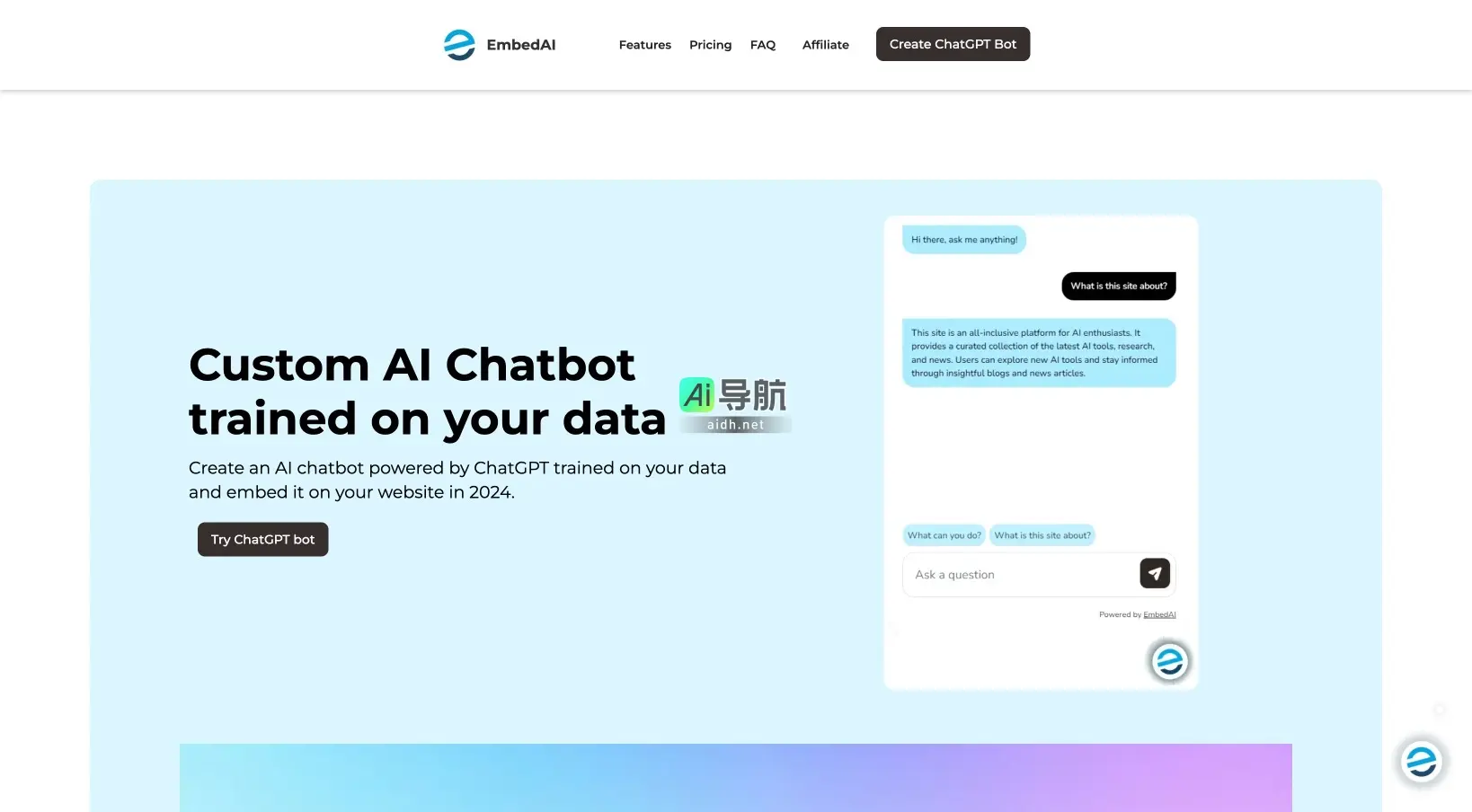 EmbedAI 是一个强大的AI聊天机器人创建平台，支持个性化定制和多语言交互