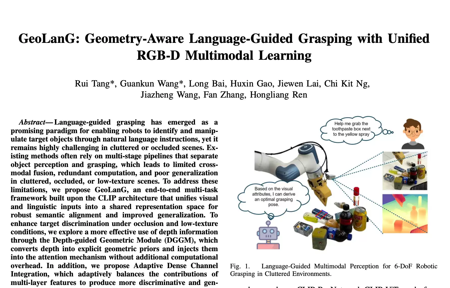 ICRA 2026|港中文GeoLanG :基于几何感知的语言引导抓取技术,结合统一的 RGB-D 多模态学习机制