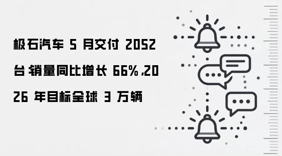 极石汽车 5 月交付 2052 台:销量同比增长 66%,2026 年目标全球 3 万辆