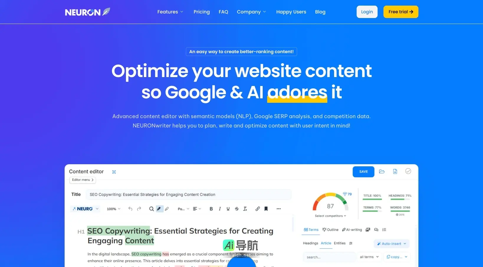 NEURON writer NEURONwriter帮助用户高效创建和优化SEO内容，提升网站排名