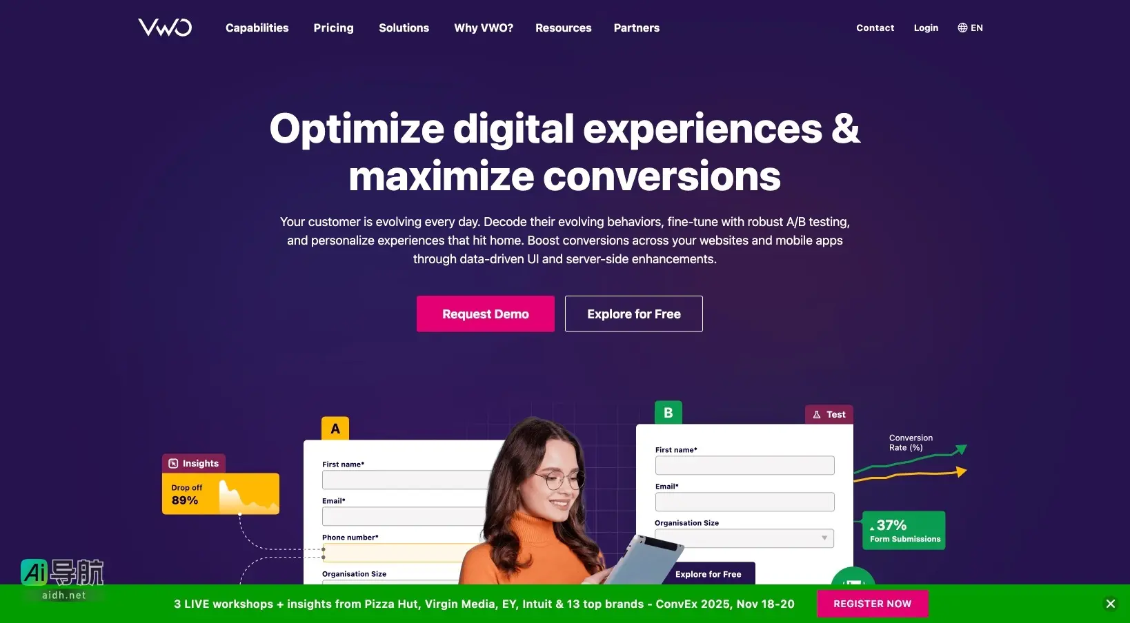Website VWO致力于优化数字体验,通过数据驱动的测试和个性化提升转化率