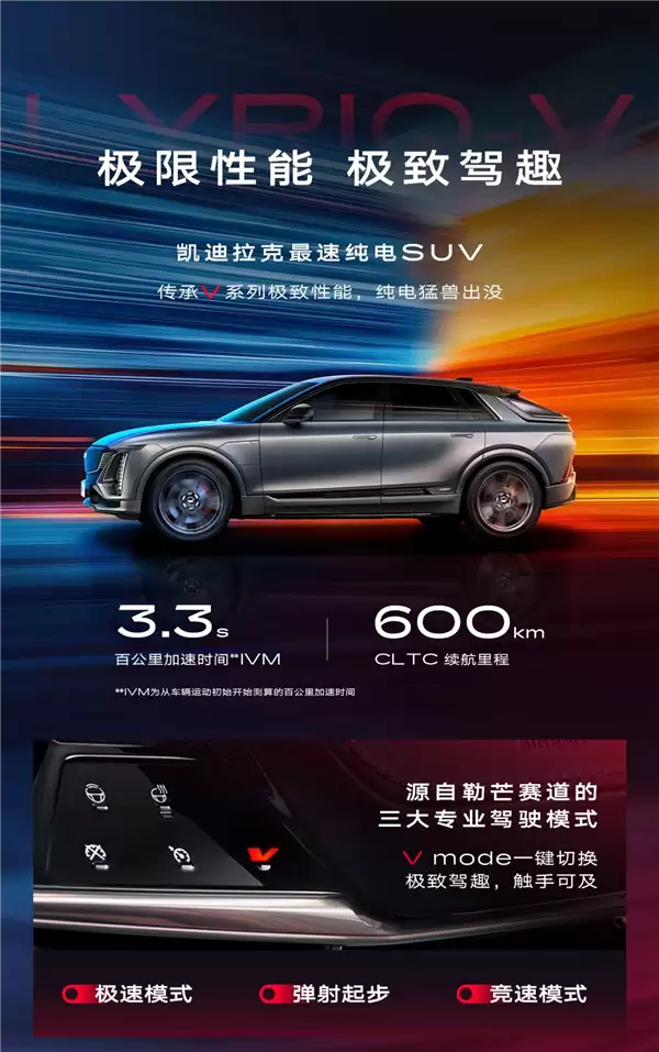 39.99万元 凯迪拉克高性能纯电SUV锐歌V上市:3.3秒破百