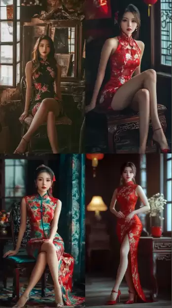 一位身着旗袍的中国女性,姿态优雅