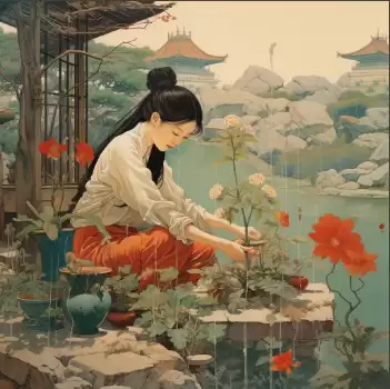 林黛玉在花园中摘花的古典场景