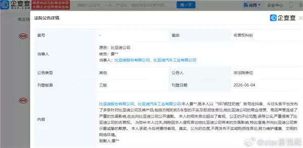 恶意抹黑豹5、网暴女车主!汽车博主987疯狂奶爸败诉:全网致歉比亚迪