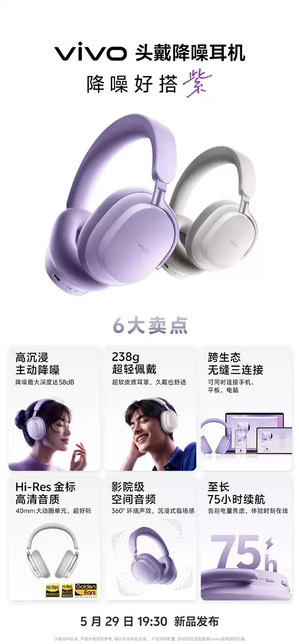 vivo首款无线头戴降噪耳机6大卖点公布:58dB降噪!75小时续航