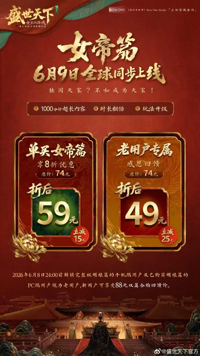 《盛世天下》女帝篇定价公布！老用户首发折后仅49元