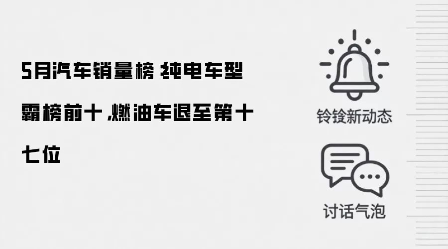 5月汽车销量榜：纯电车型霸榜前十，燃油车退至第十七位