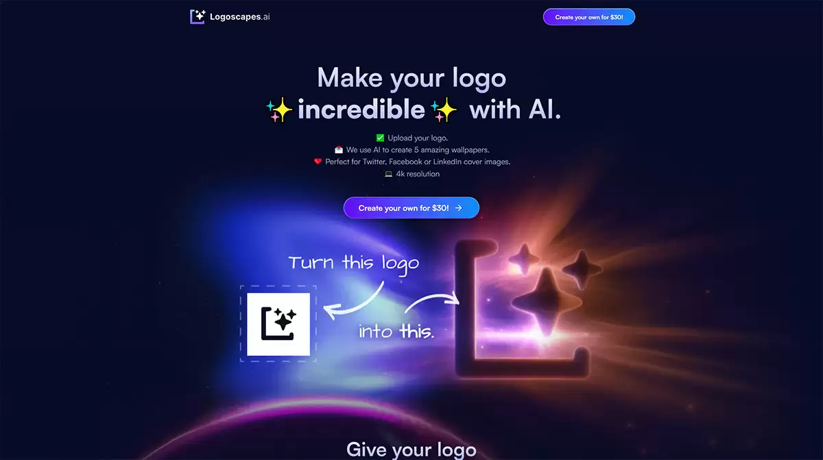 Logoscapes官网-Logoscapes是一个基于人工智能,提供生成个性化logo壁纸服务的网站,可以通过上传logo并使用人工智能技术只需几个简单的步骤即可生成5种不同风格的壁纸