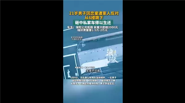 男子因恋爱遭反对从6楼跳下 砸中私家车生还：保险公司拒赔 家属只愿赔2000元