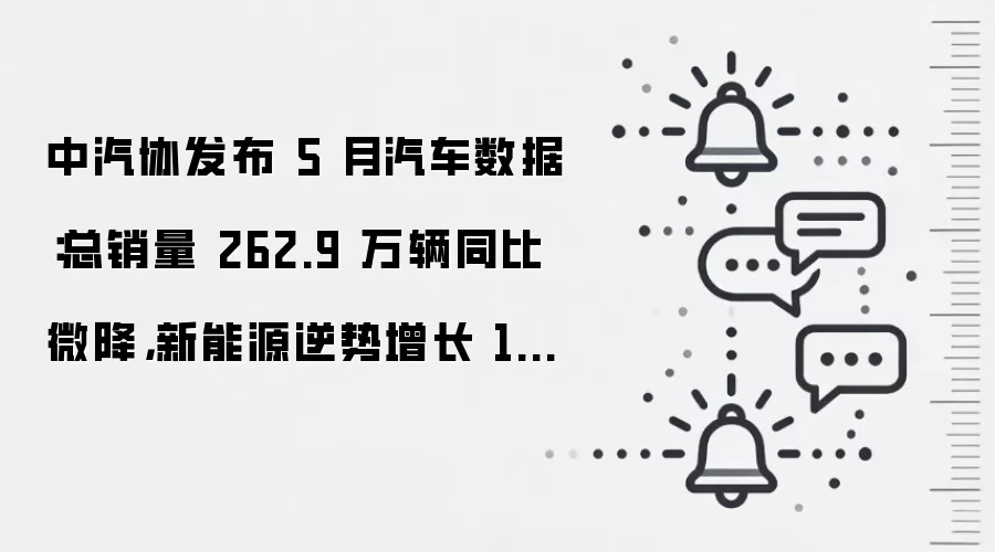 中汽协发布 5 月汽车数据：总销量 262.9 万辆同比微降，新能源逆势增长 14.4%，出口大涨 68.7%